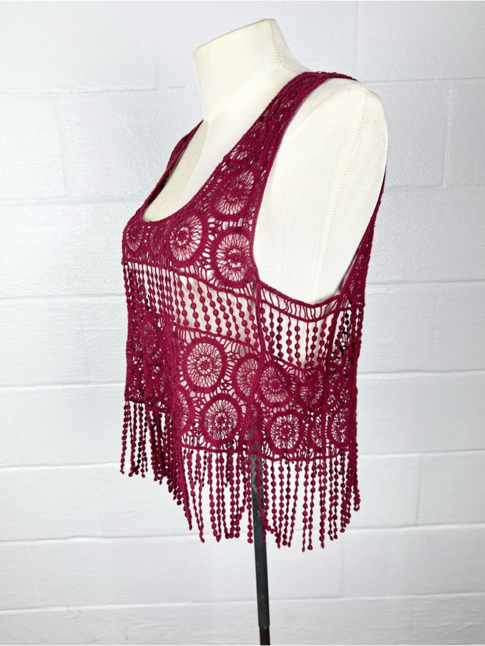 Crochet Lace top burgundy cropped with fringe‎ medium Boho Festival